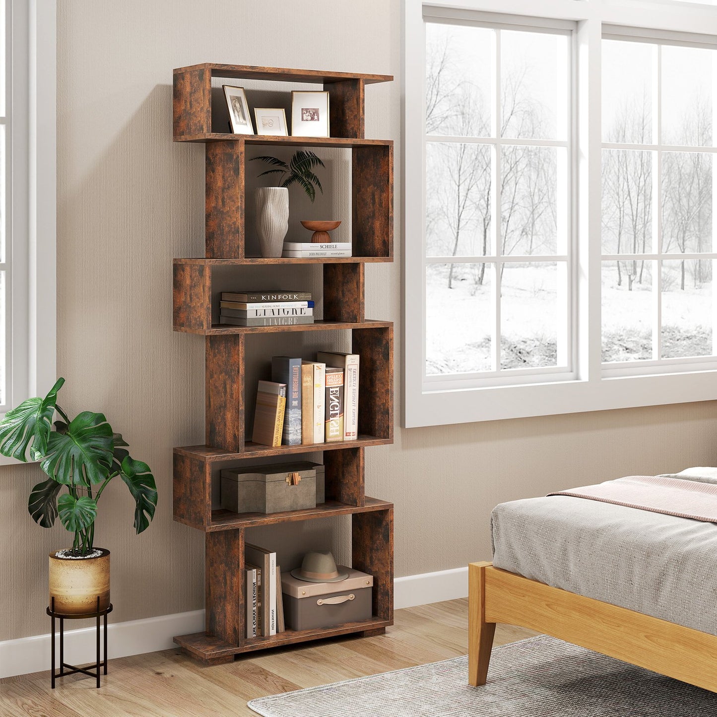 6-Tier Geometric Bookshelf with 2 Anti-Tipping Kits for Home Office-Black