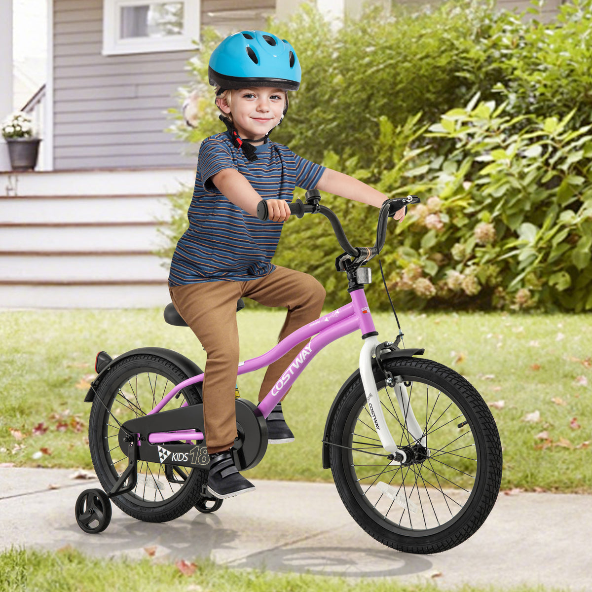Kids 18-inch training bicycle with 2 brakes and training wheels, ideal for children aged 4-8, in vibrant colors.
