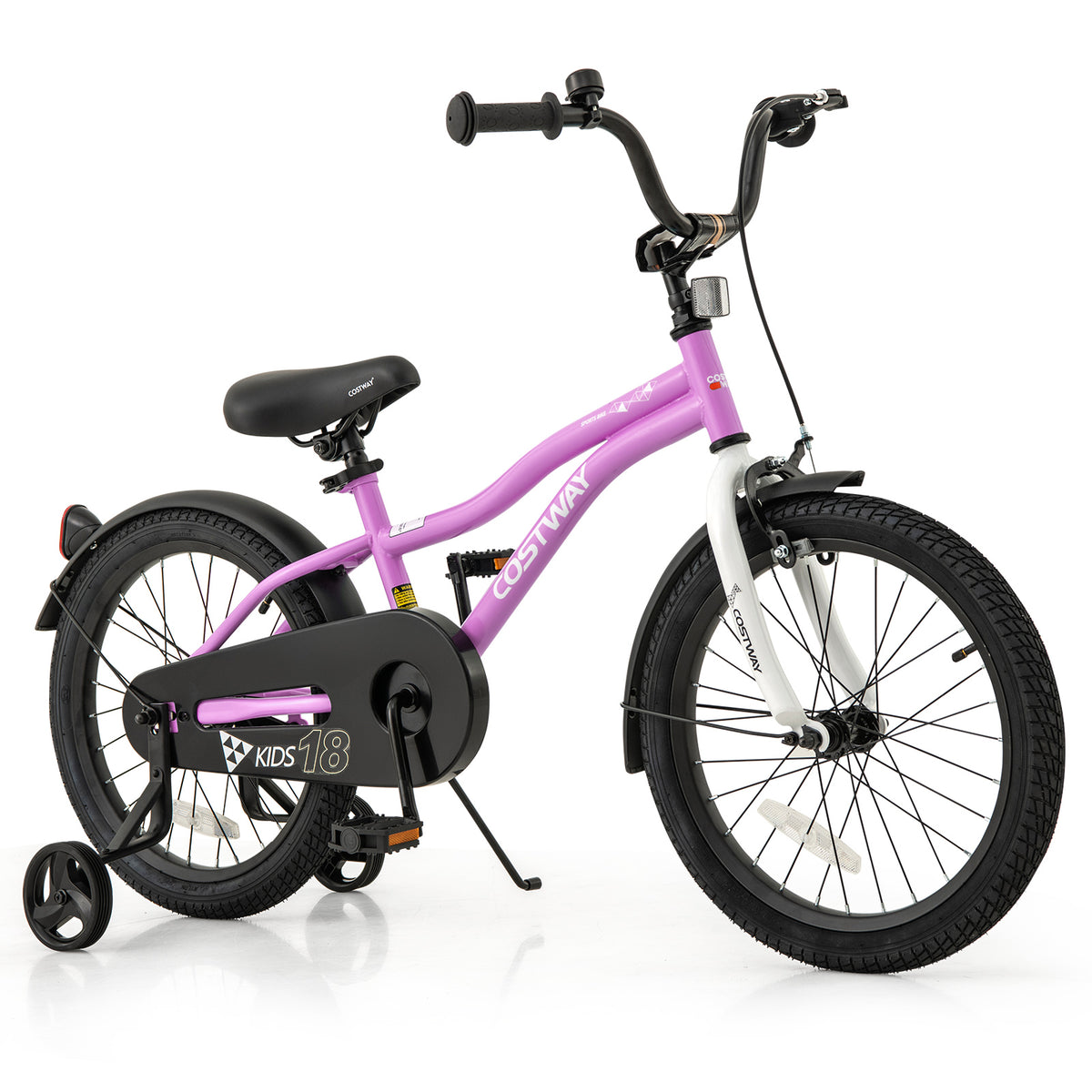 Kids 18-inch training bicycle with 2 brakes for children aged 4-8, featuring training wheels and colorful frame.