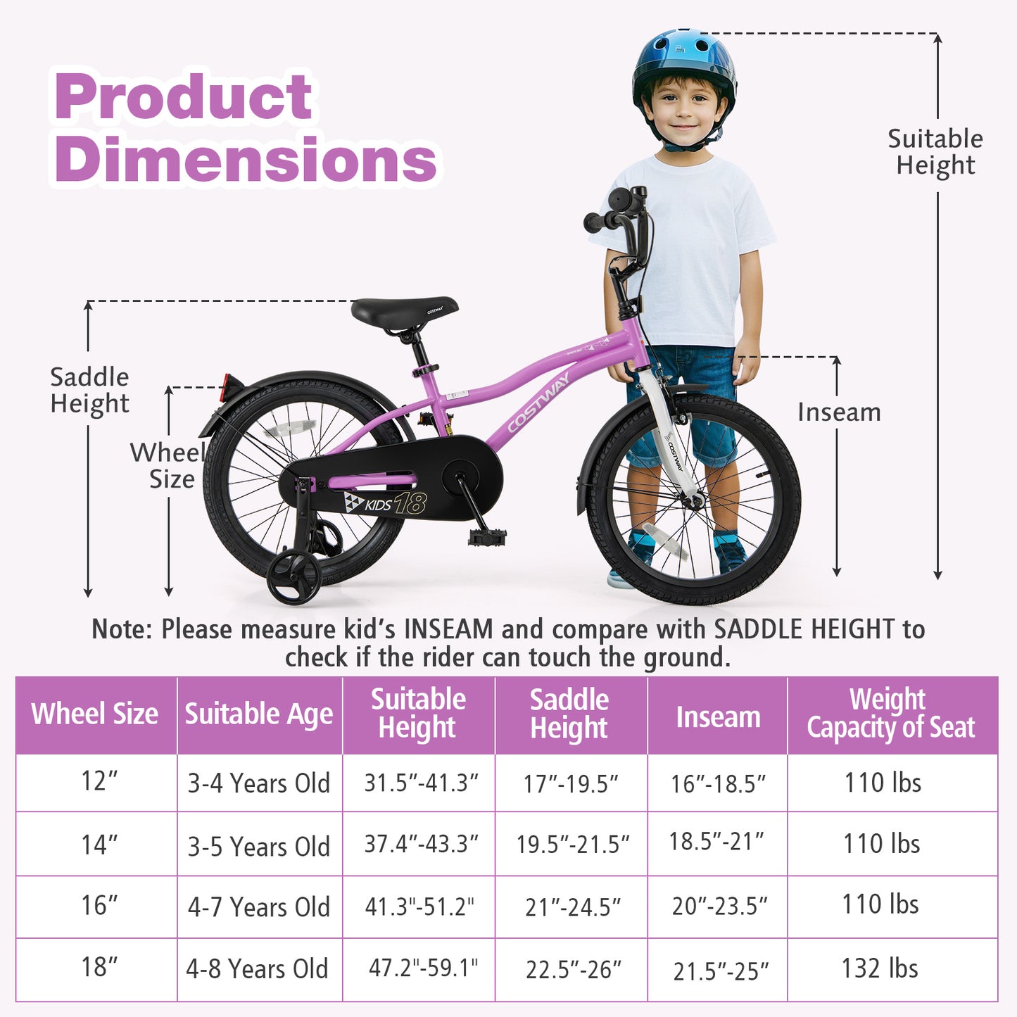 Kids 18-inch training bicycle with two brakes and training wheels, suitable for children aged 4 to 8 years old.