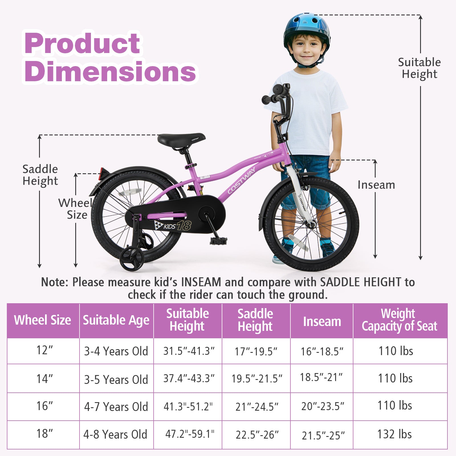 Kids 18-inch training bicycle with two brakes and training wheels, suitable for children aged 4 to 8 years old.