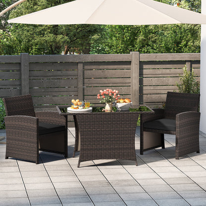 3 Piece Patio Wicker Dining Set with Rectangle Tempered Glass Dining Table-Brown