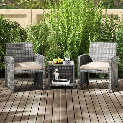 3 Pieces Patio Furniture Set with Tempered Glass Coffee Table and Soft Seat Cushions-Black