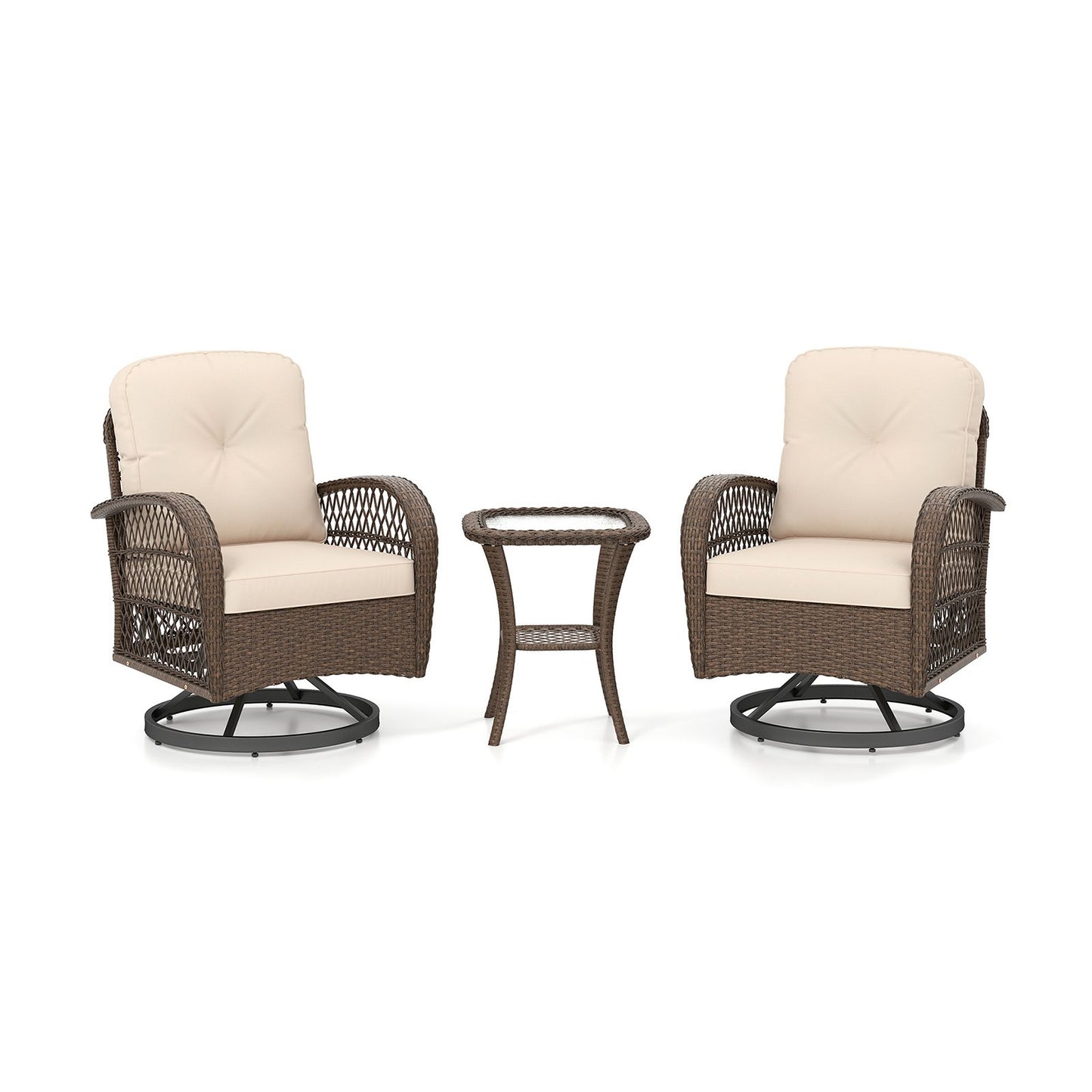 3 Piece Patio Swivel Rocker Set with Tempered Glass Side Table and Thick Cushions-Black