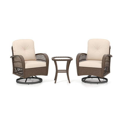 3 Piece Patio Swivel Rocker Set with Tempered Glass Side Table and Thick Cushions-Black