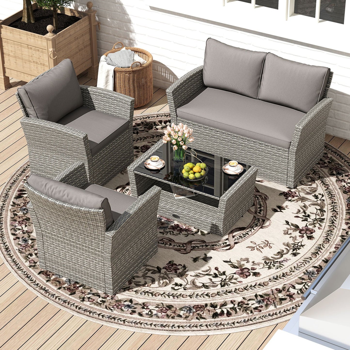 4 Pieces Patio Rattan Furniture Set Sofa Table with Storage Shelf Cushion-Beige