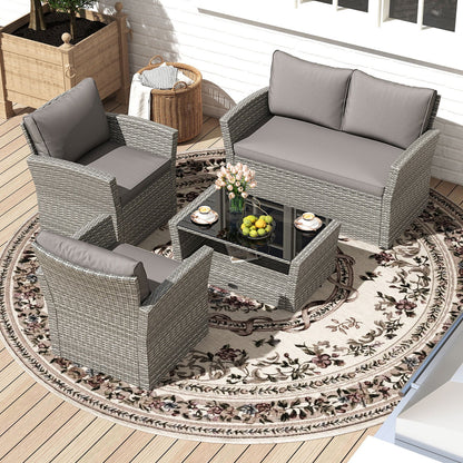 4 Pieces Patio Rattan Furniture Set Sofa Table with Storage Shelf Cushion-Beige
