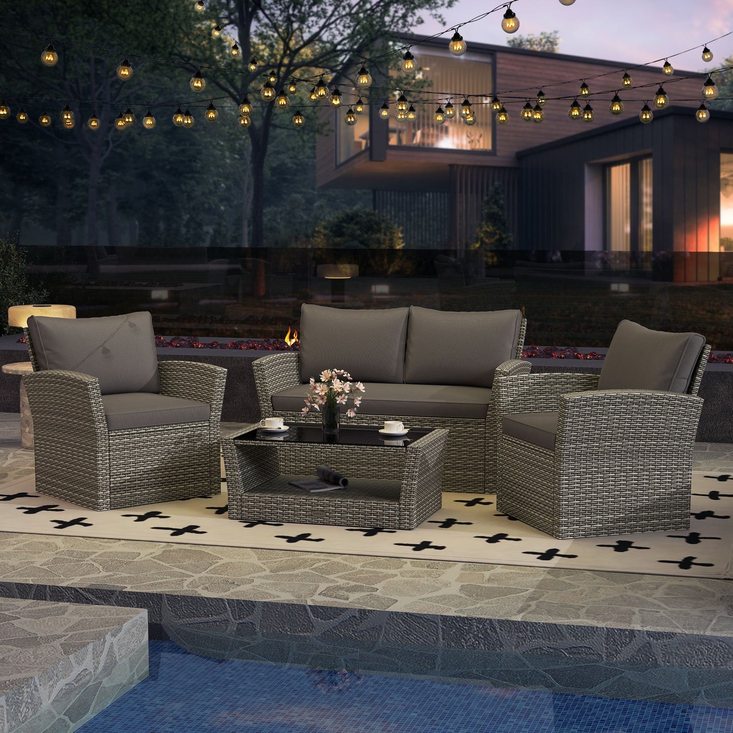 4 Pieces Patio Rattan Furniture Set Sofa Table with Storage Shelf Cushion-Beige