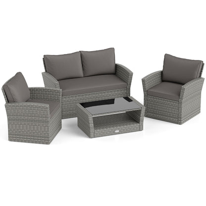 4 Pieces Patio Rattan Furniture Set Sofa Table with Storage Shelf Cushion-Beige