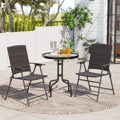 Pair of patio PE wicker dining chairs with armrests and metal frames, outdoor seating set for patio dining.