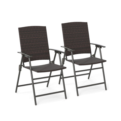 Set of four outdoor PE wicker dining chairs with armrests and metal frames, perfect for patio dining and outdoor seating.