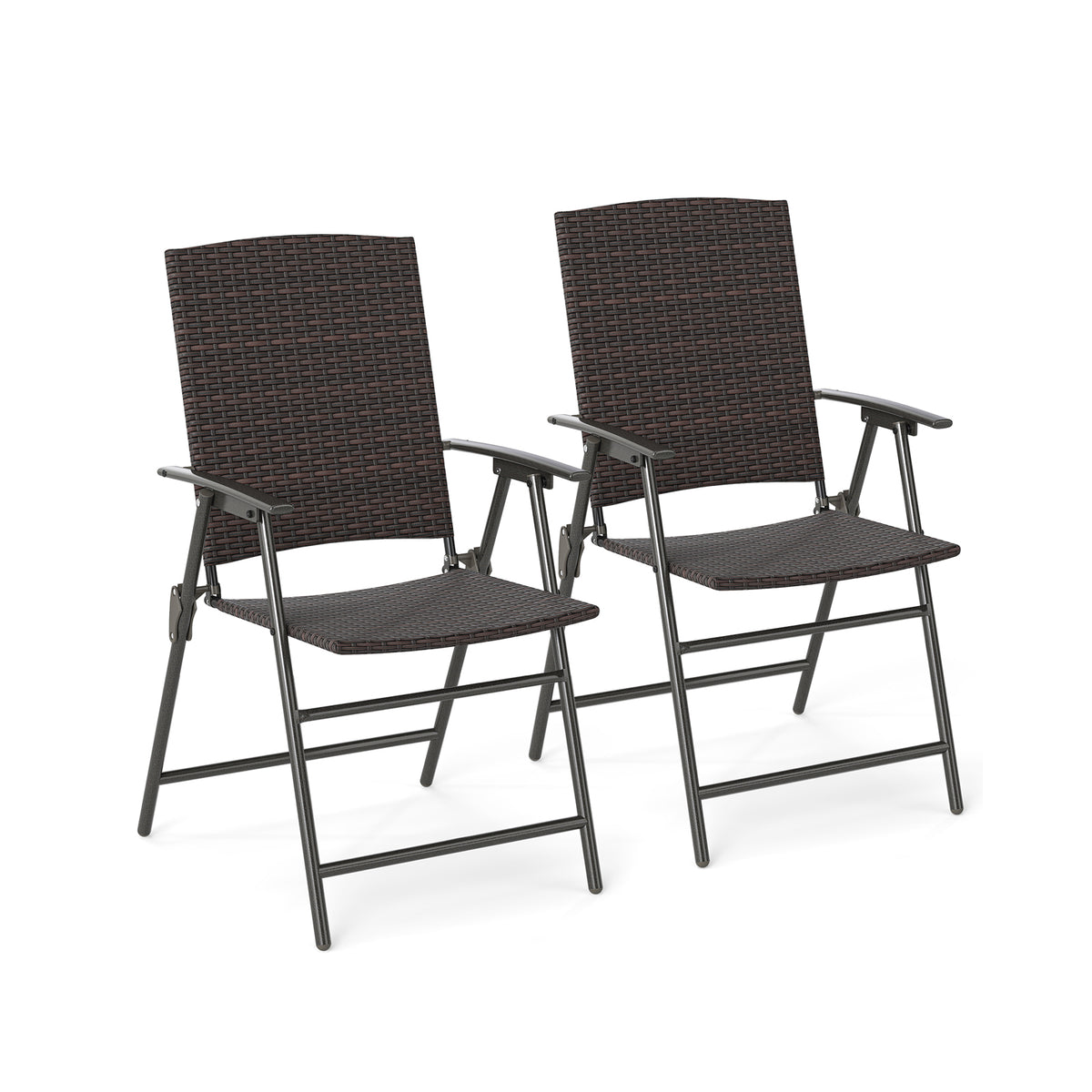 Set of two patio PE wicker dining chairs with armrests and metal frames, ideal for outdoor patio seating.