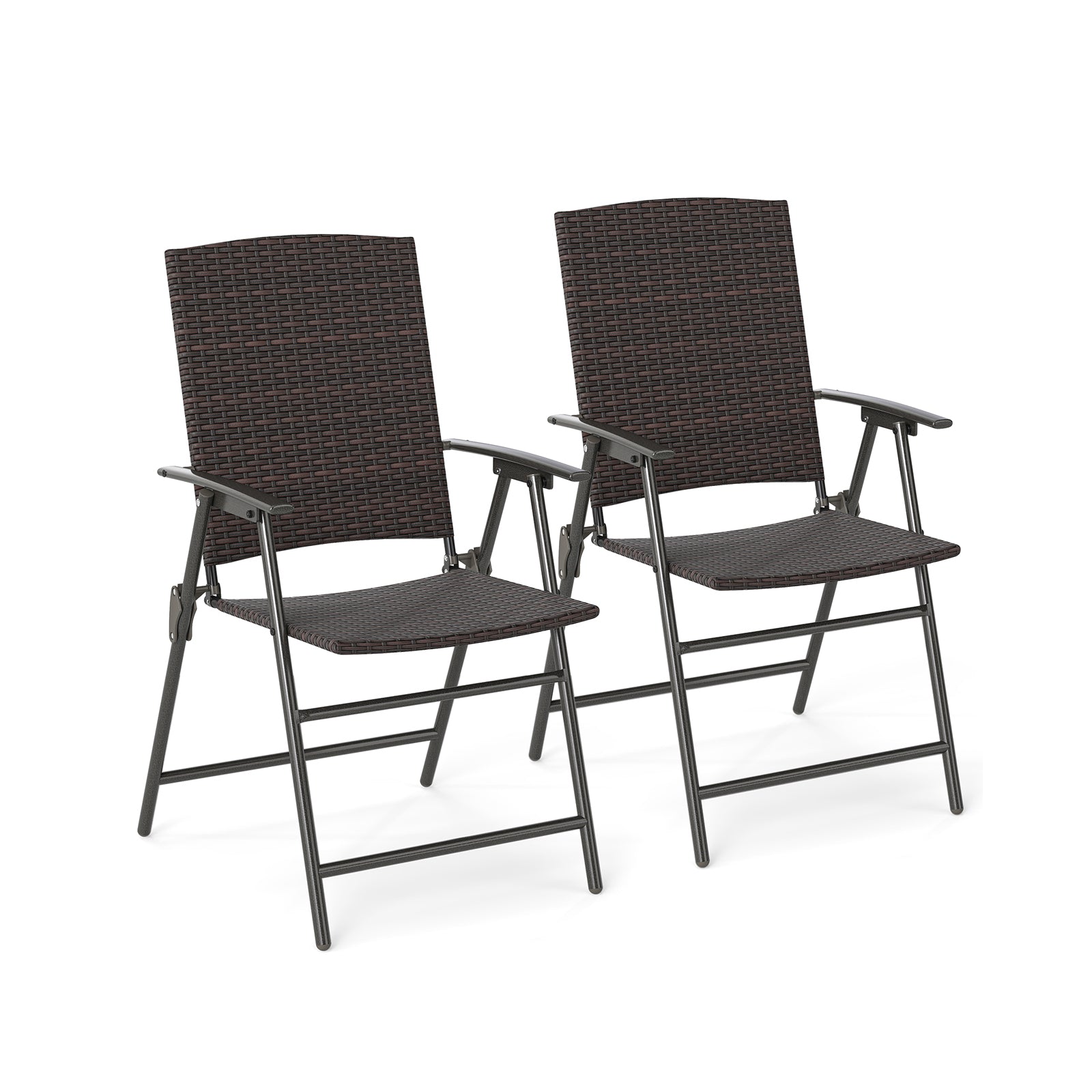 Set of two patio PE wicker dining chairs with armrests and metal frames, ideal for outdoor patio seating.