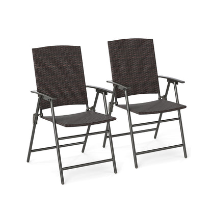 Set of two patio PE wicker dining chairs with armrests and metal frames, ideal for outdoor patio seating.