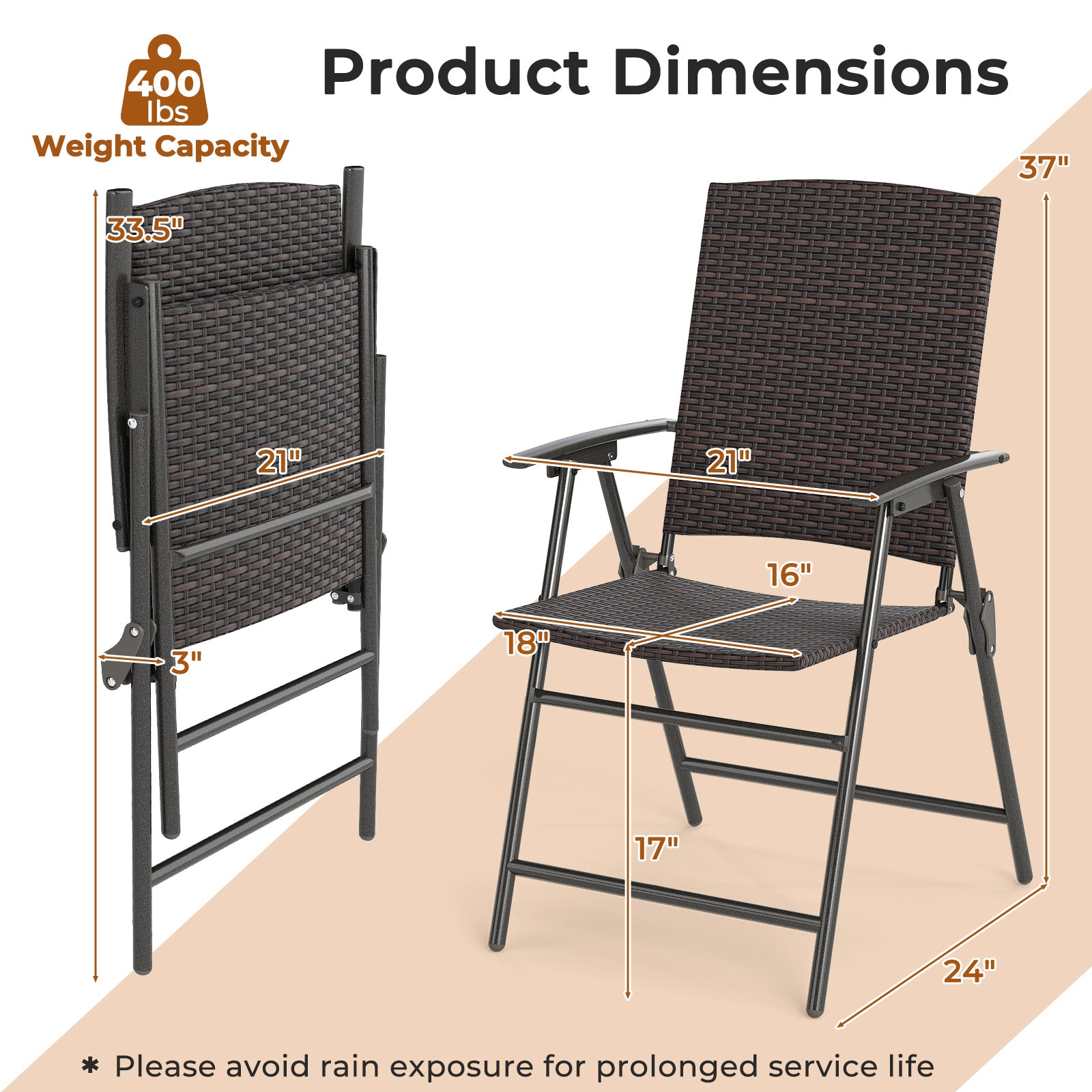 Set of 2 outdoor patio PE wicker dining chairs with armrests and metal frames, perfect for outdoor seating and patio dining.