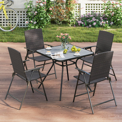 Set of four patio PE wicker dining chairs with armrests and metal frames, outdoor seating by Wilsons Home Store.