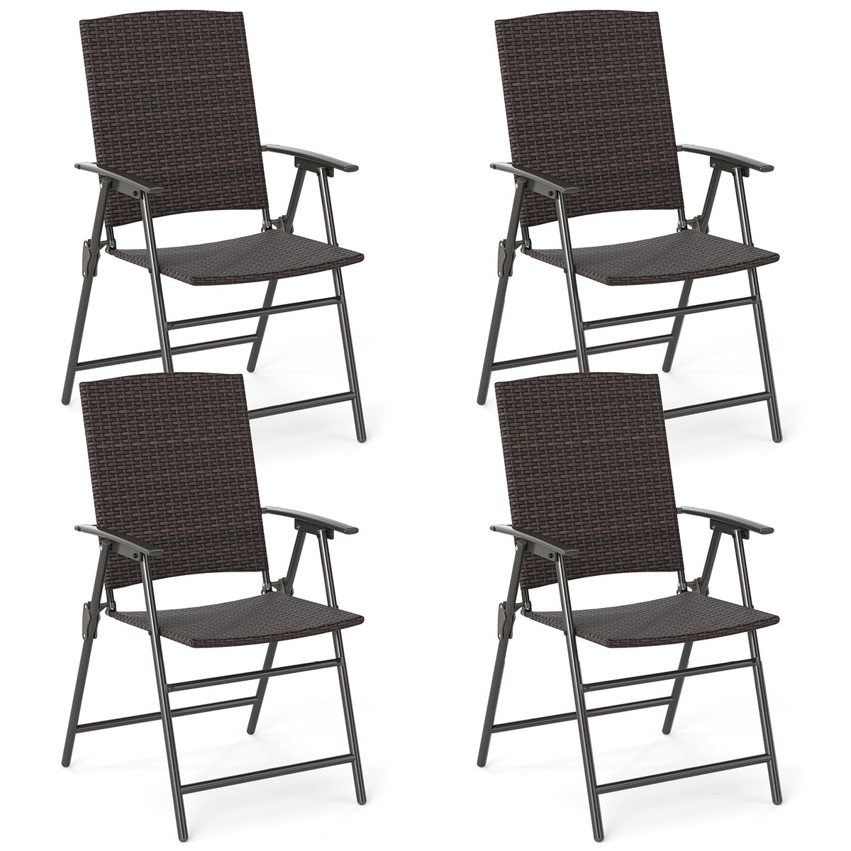 Set of four patio PE wicker dining chairs with armrests and metal frames, outdoor patio furniture for comfortable outdoor seating