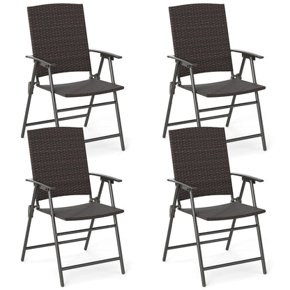 Set of four patio PE wicker dining chairs with armrests and metal frames, outdoor patio furniture for comfortable outdoor seating