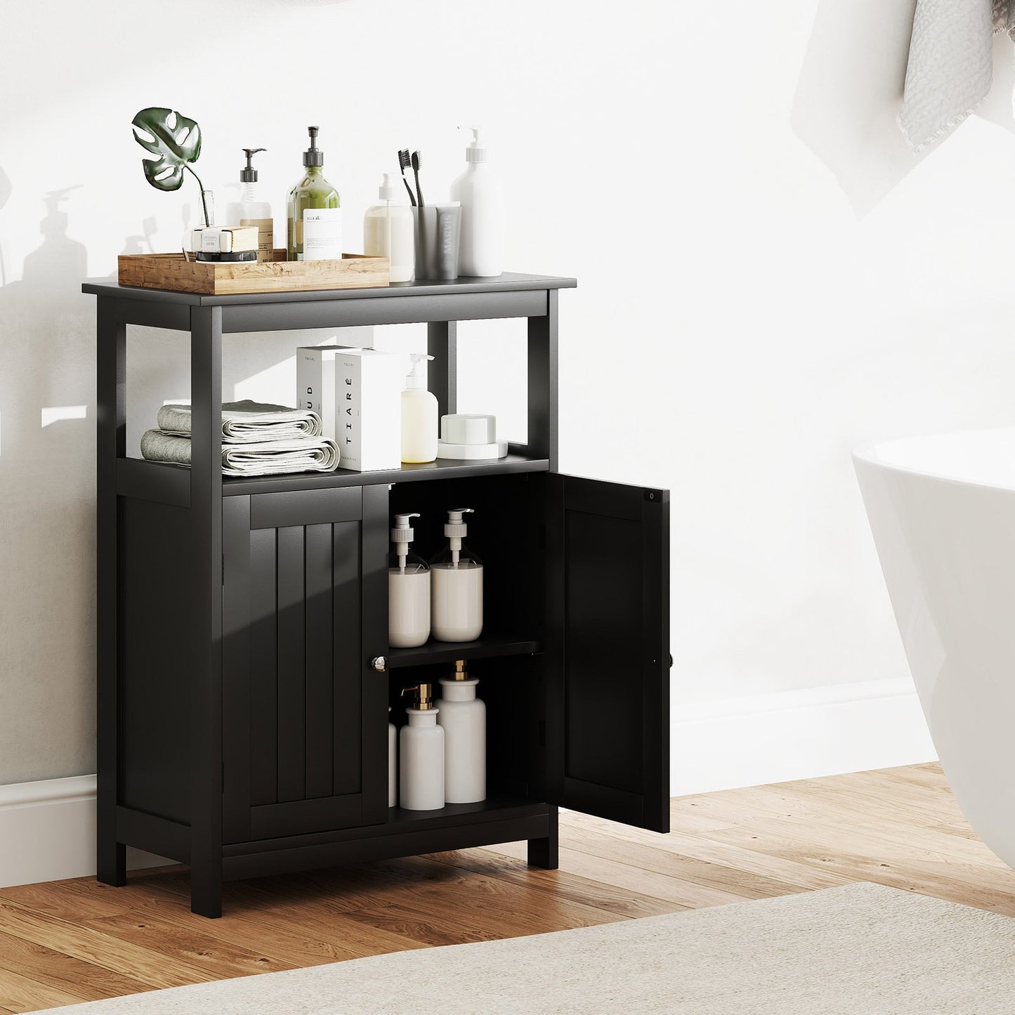 Bathroom Floor Cabinet Freestanding Storage Organizer with Open Compartment-Black