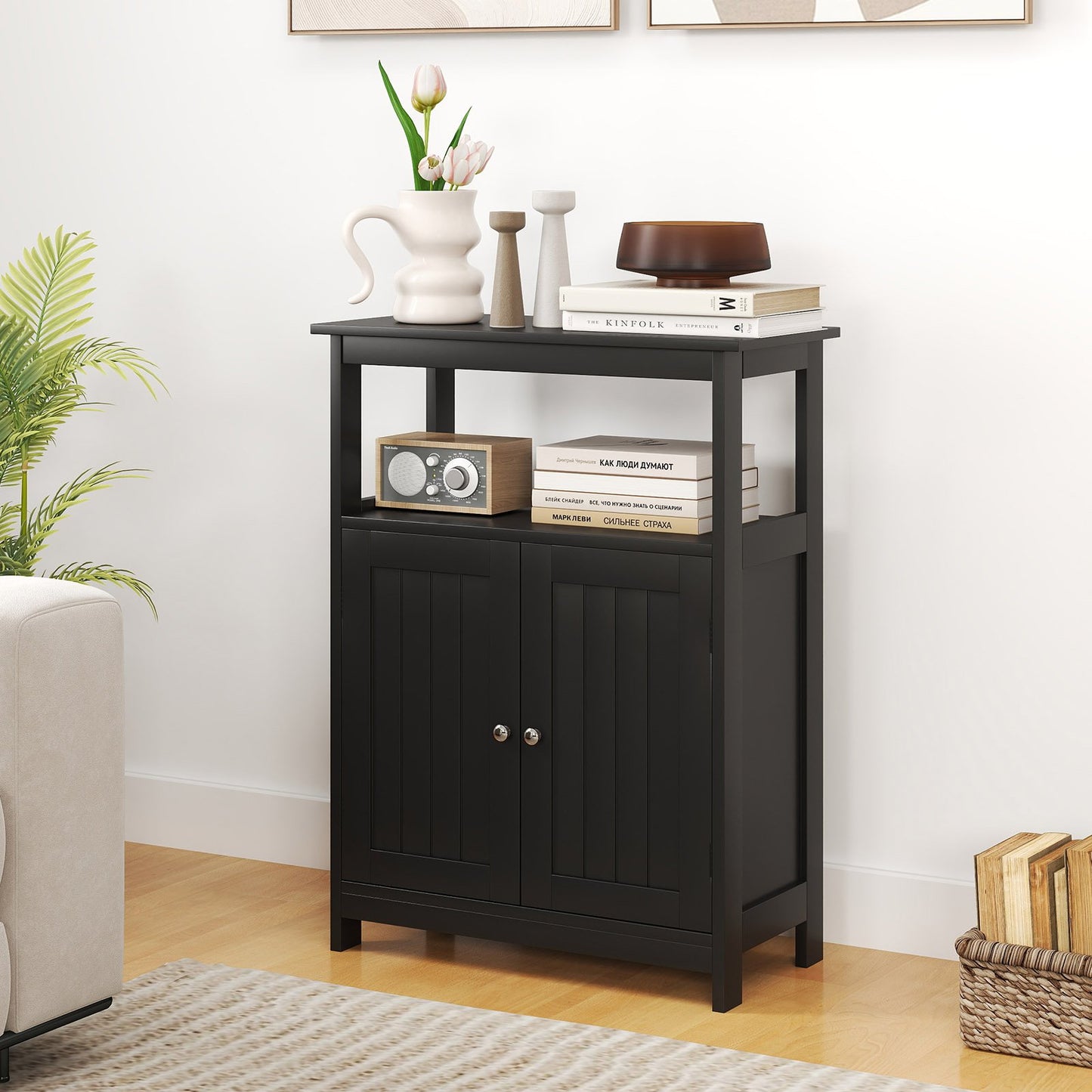 Bathroom Floor Cabinet Freestanding Storage Organizer with Open Compartment-Black