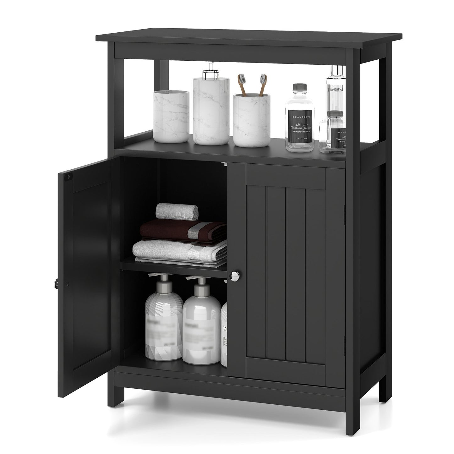 Bathroom Floor Cabinet Freestanding Storage Organizer with Open Compartment-Black