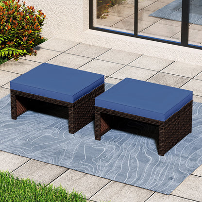 Multipurpose Outdoor 2 Pieces Patio PE Rattan Ottomans Footstool-Navy