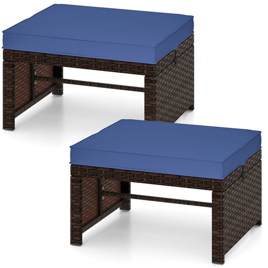 Multipurpose Outdoor 2 Pieces Patio PE Rattan Ottomans Footstool-Navy