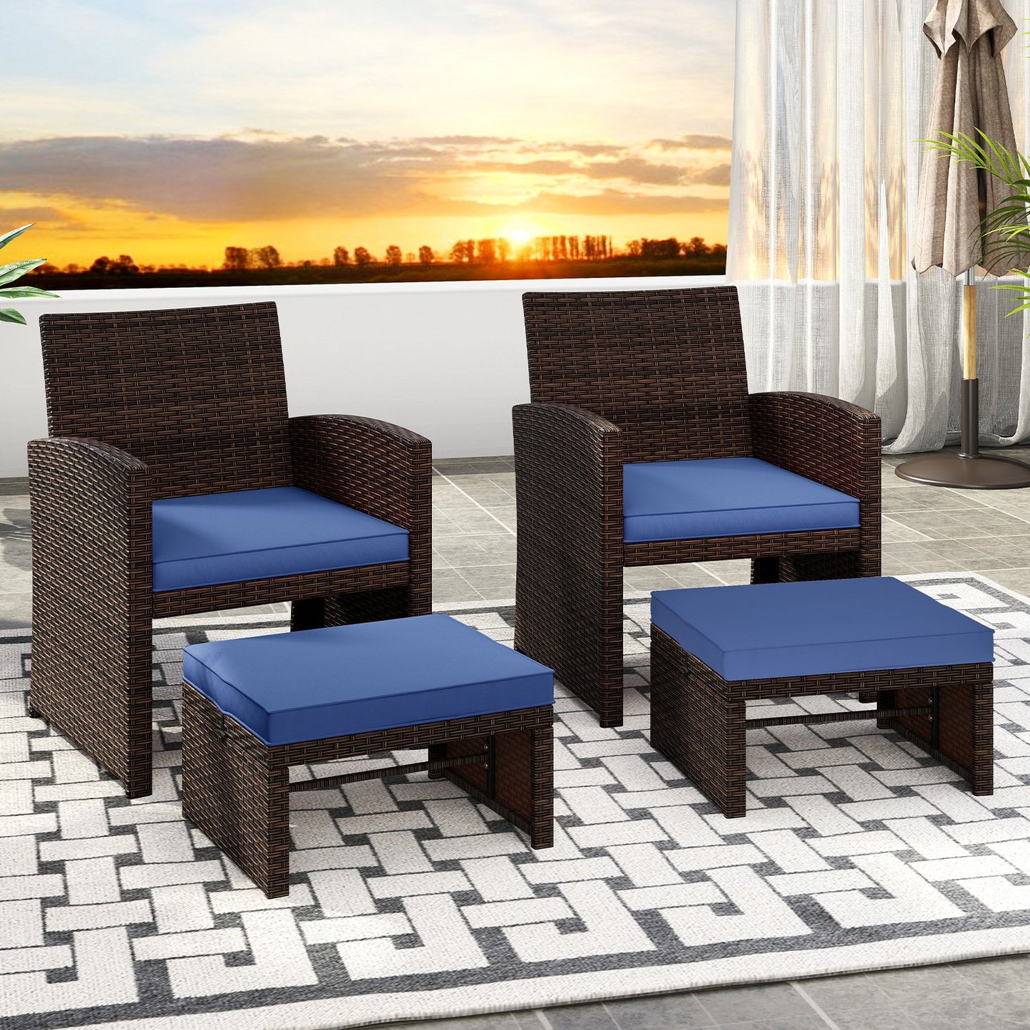 Multipurpose Outdoor 2 Pieces Patio PE Rattan Ottomans Footstool-Navy