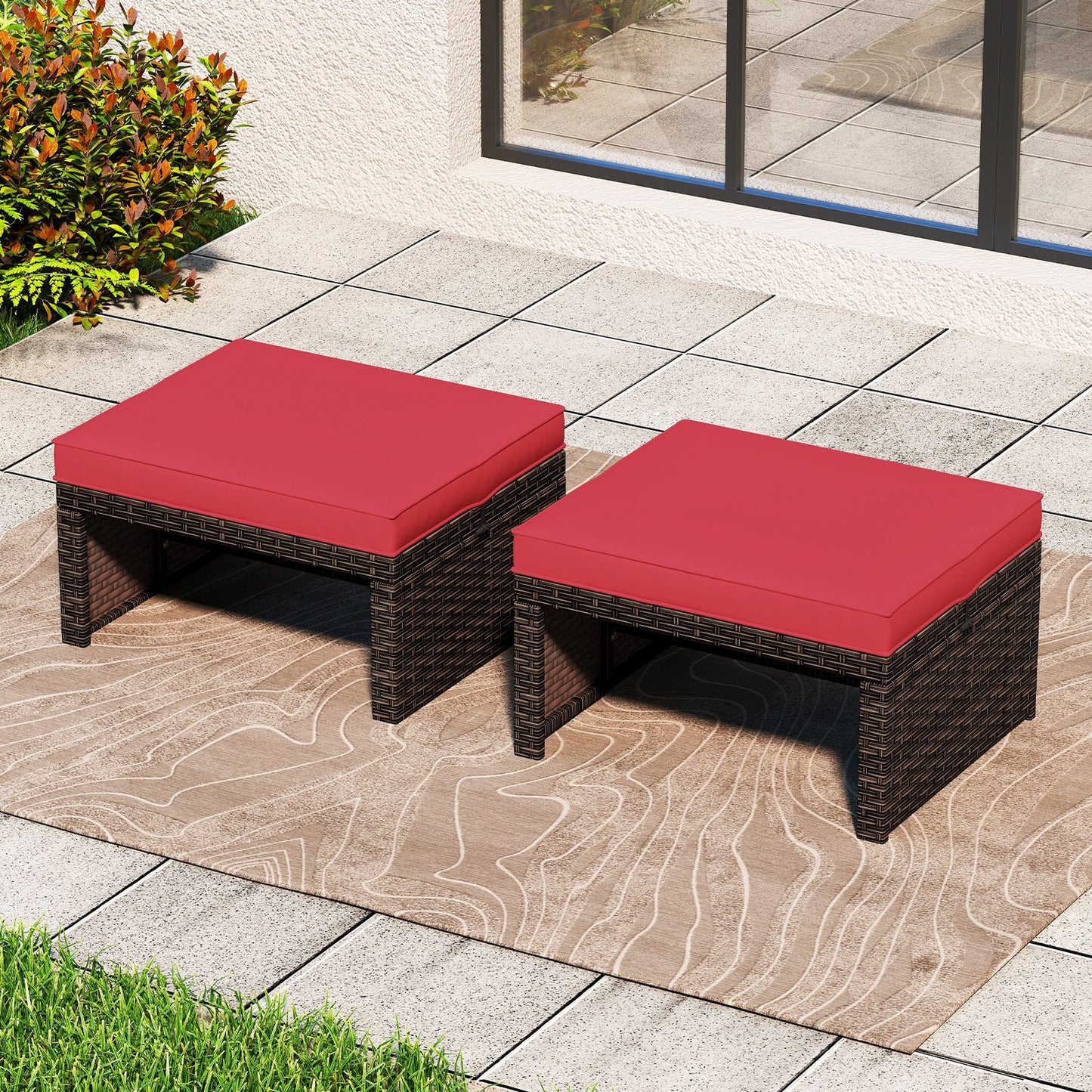 Multipurpose Outdoor 2 Pieces Patio PE Rattan Ottomans Footstool-Navy