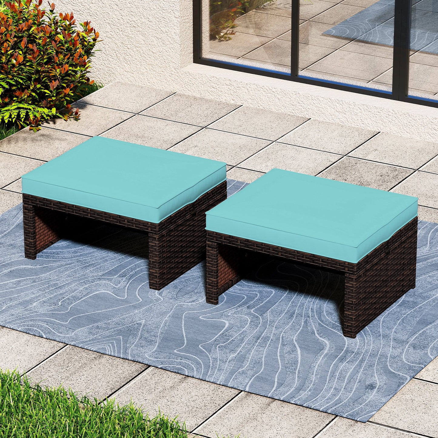 Multipurpose Outdoor 2 Pieces Patio PE Rattan Ottomans Footstool-Navy