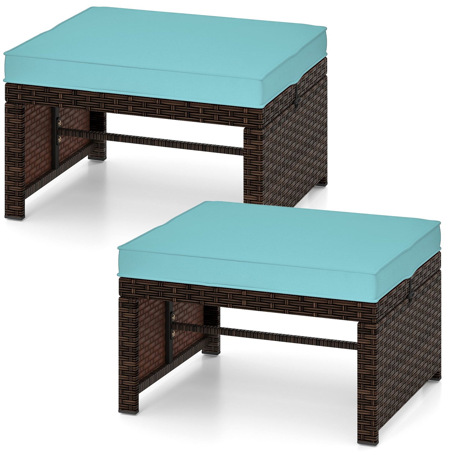 Multipurpose Outdoor 2 Pieces Patio PE Rattan Ottomans Footstool-Navy