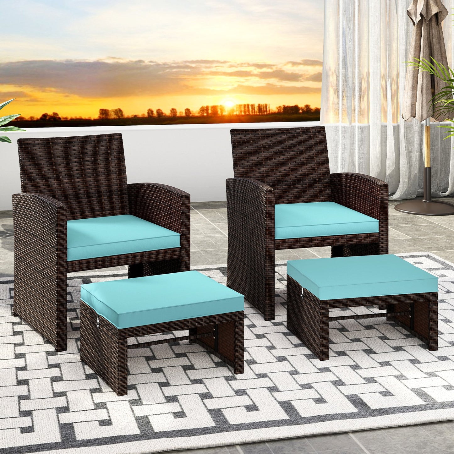 Multipurpose Outdoor 2 Pieces Patio PE Rattan Ottomans Footstool-Navy