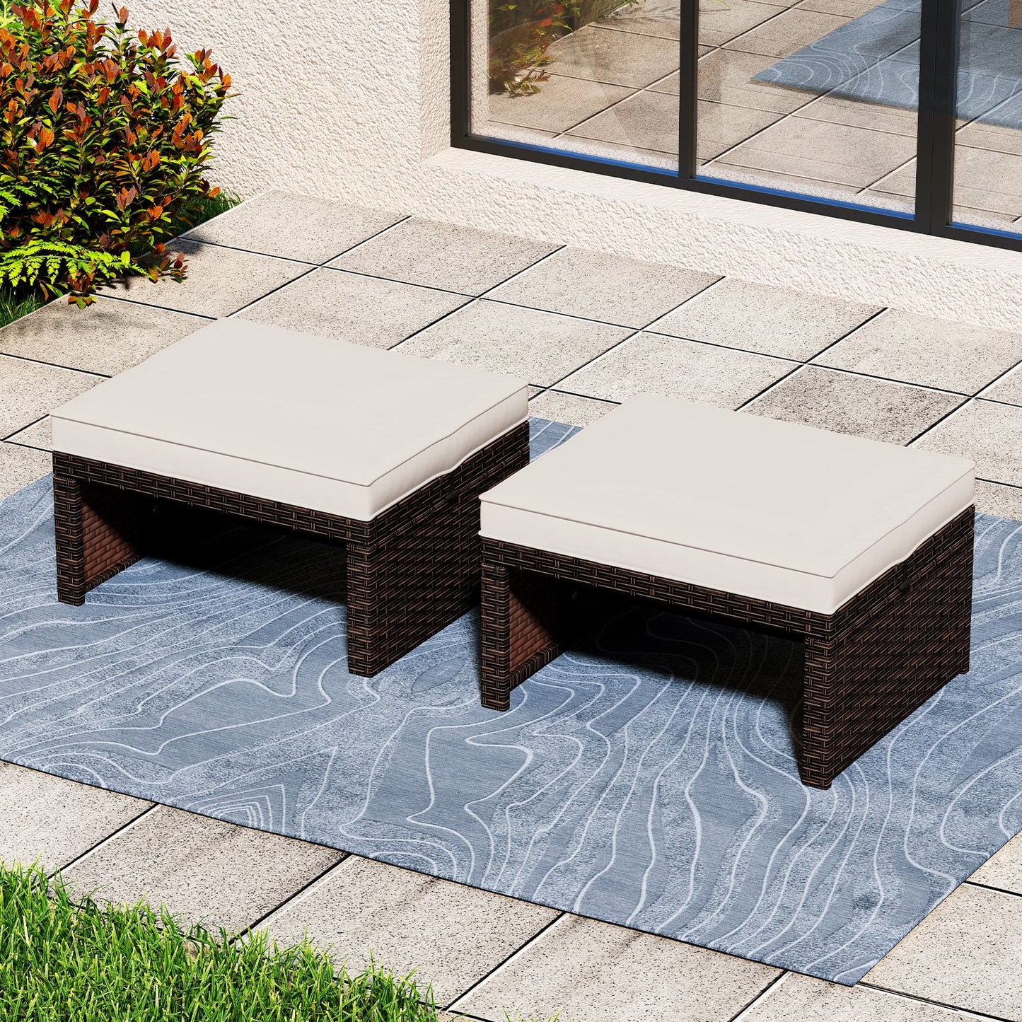 Multipurpose Outdoor 2 Pieces Patio PE Rattan Ottomans Footstool-Navy