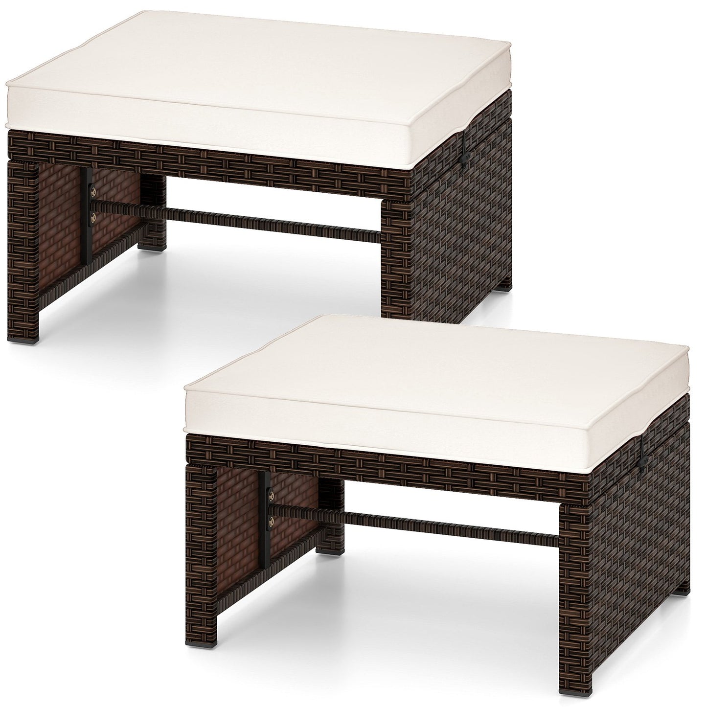 Multipurpose Outdoor 2 Pieces Patio PE Rattan Ottomans Footstool-Navy