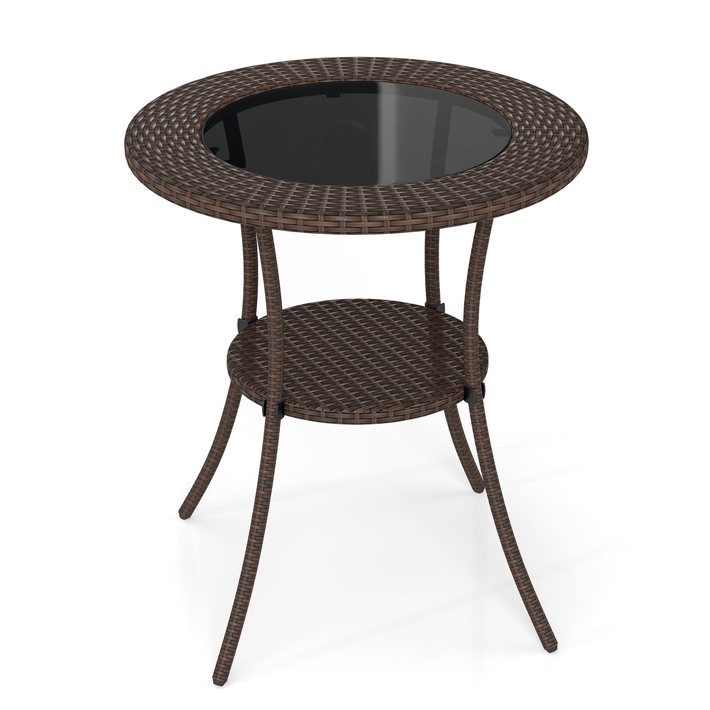 PE Wicker Patio Bistro Table Round with Tempered Glass Top and Shelf