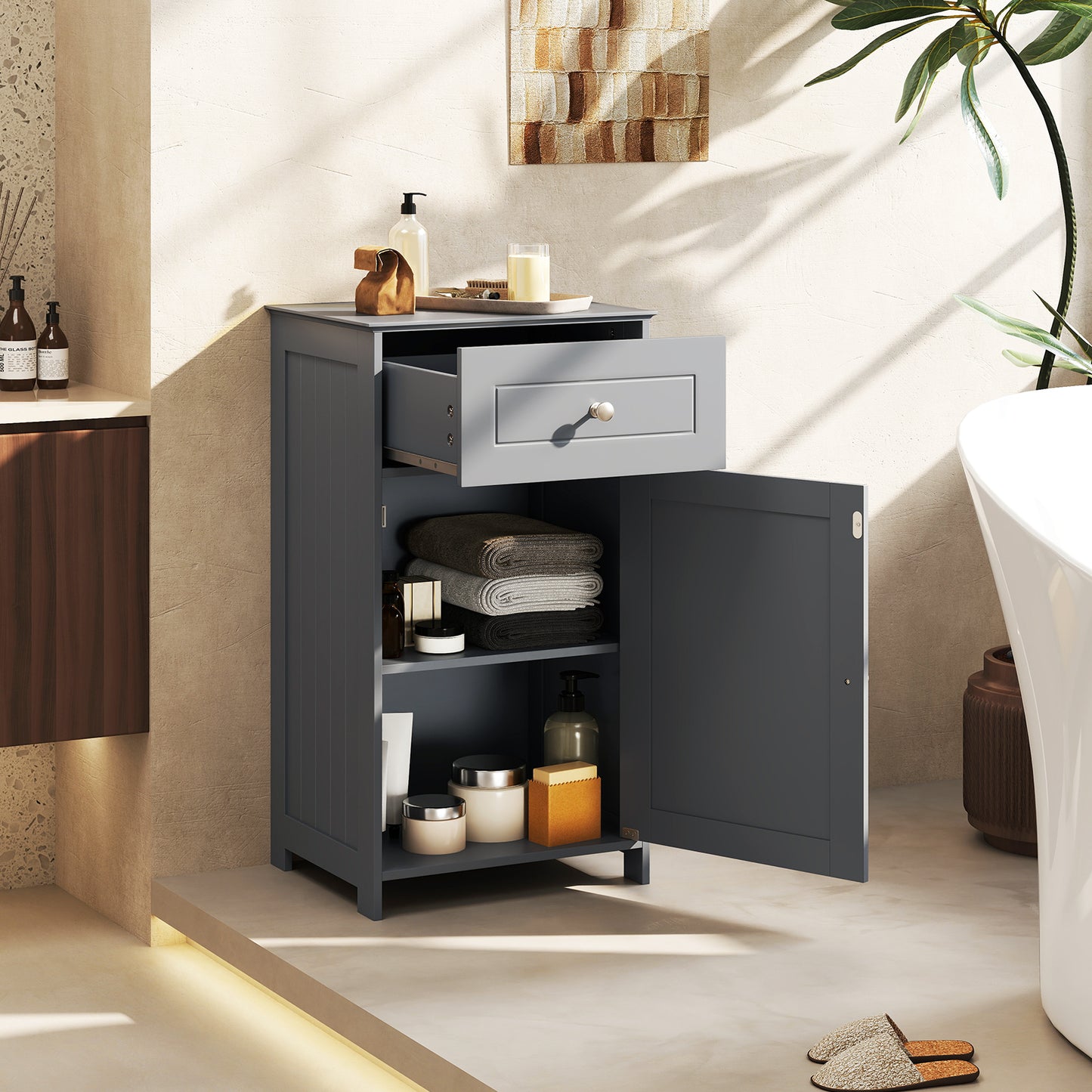 Single Door Bathroom Cabinet with Adjustable Shelf and Drawer-Black