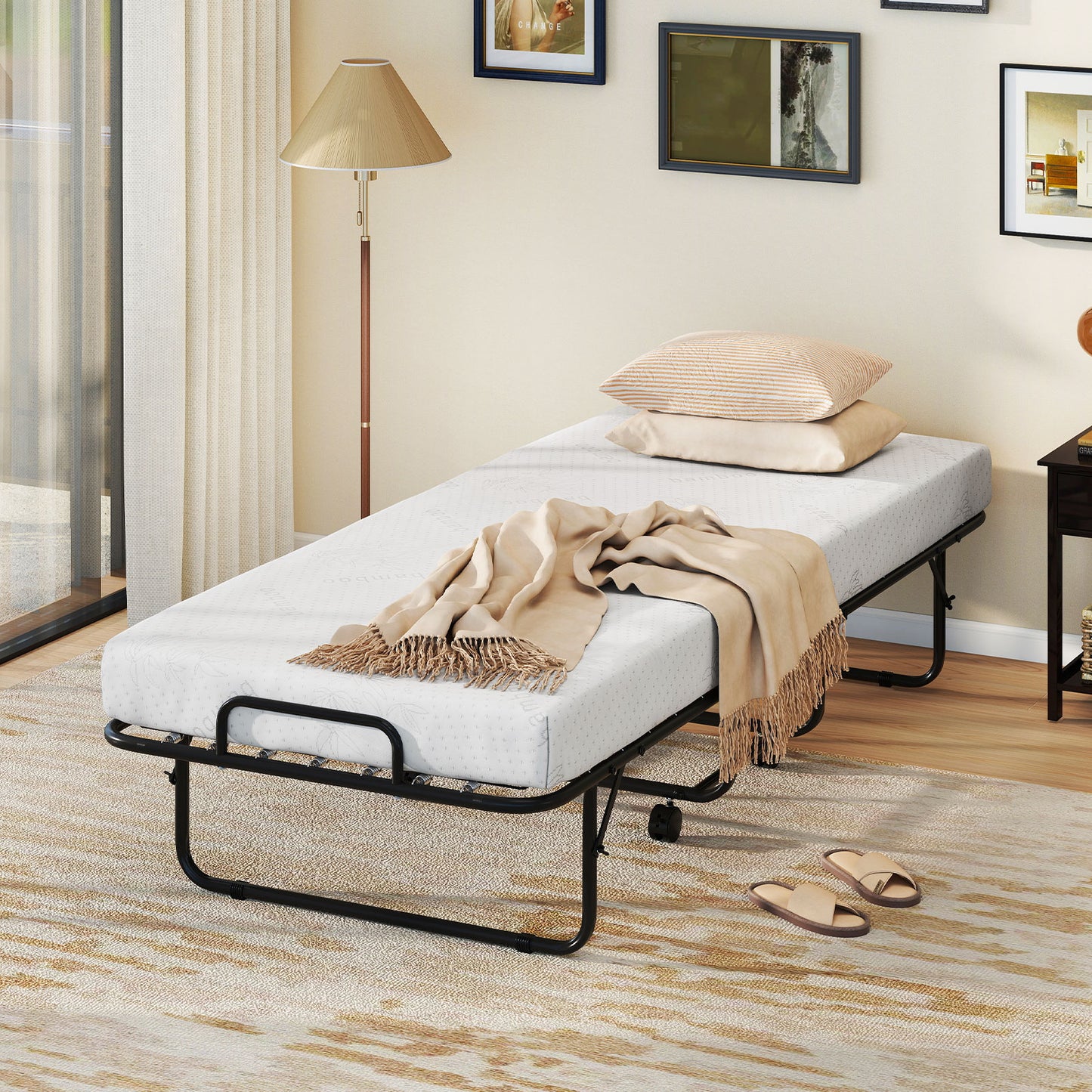 Cot Size Folding Bed Frame with Memory Foam Mattress and Metal Frame