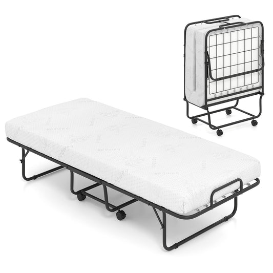 Cot Size Folding Bed Frame with Memory Foam Mattress and Metal Frame