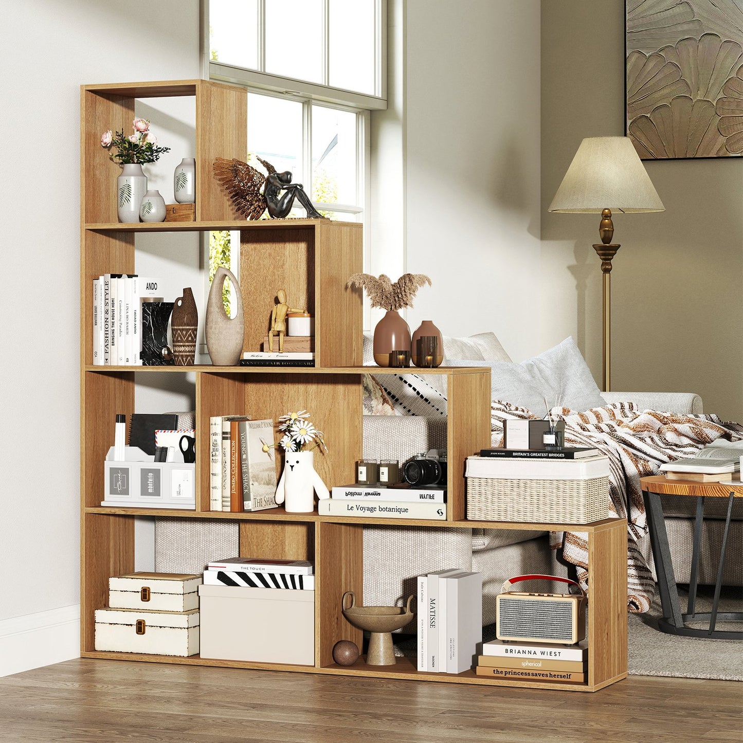 4-Tier Modern Stepped Bookshelf with 6 Storage Cubes for Living Room-Black