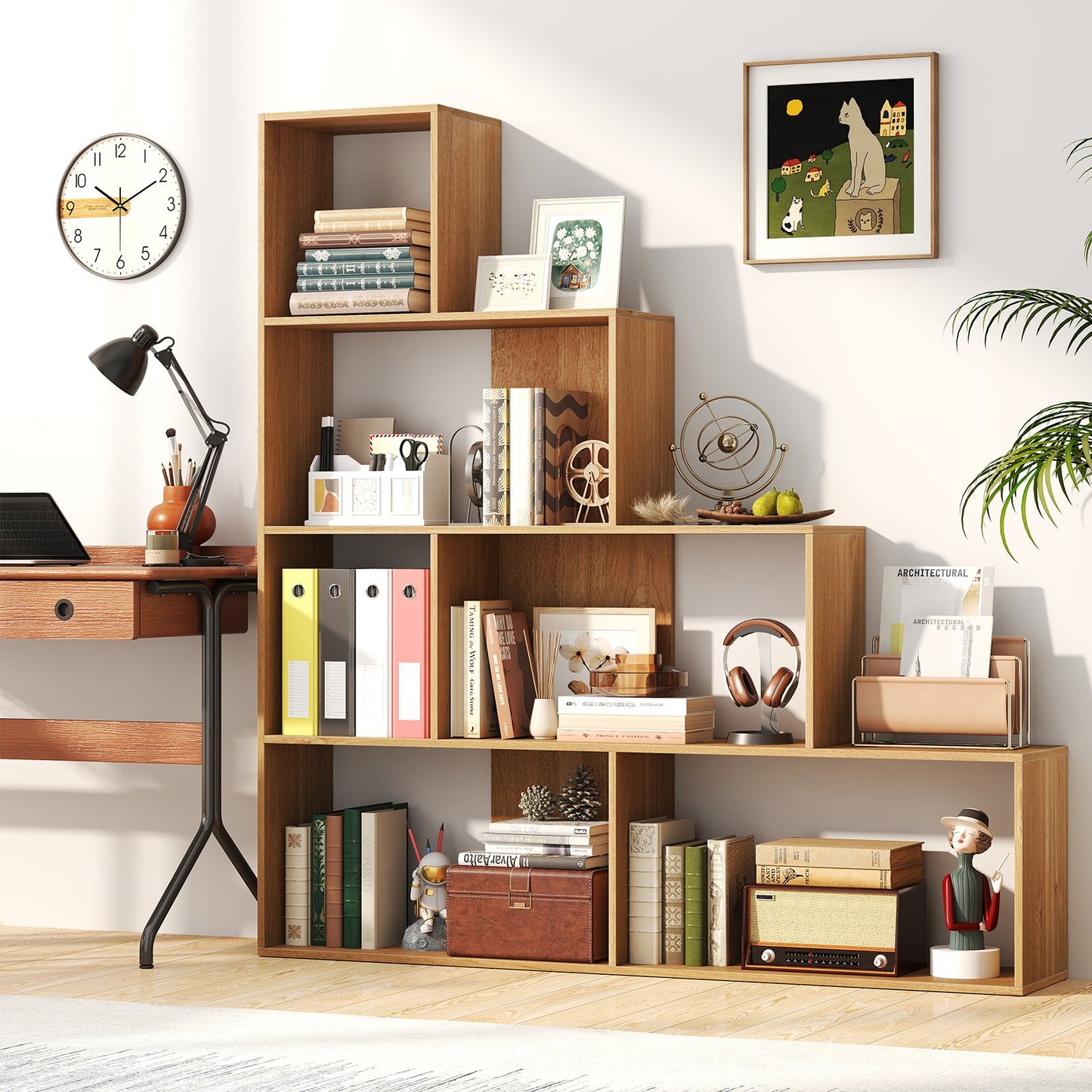 4-Tier Modern Stepped Bookshelf with 6 Storage Cubes for Living Room-Black