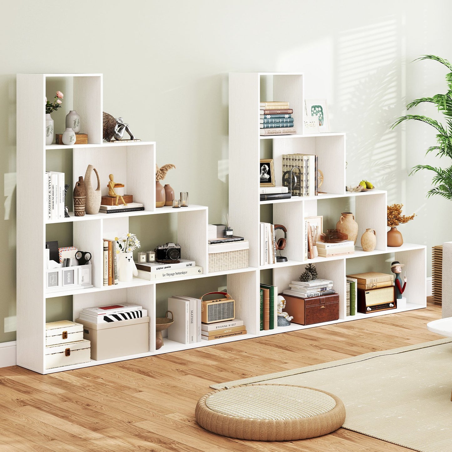 4-Tier Modern Stepped Bookshelf with 6 Storage Cubes for Living Room-Black