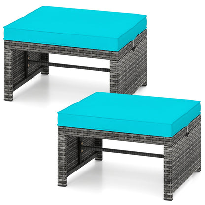 2 Pieces Patio PE Rattan Ottomans with Soft Zippered Cushions for Deck-Black