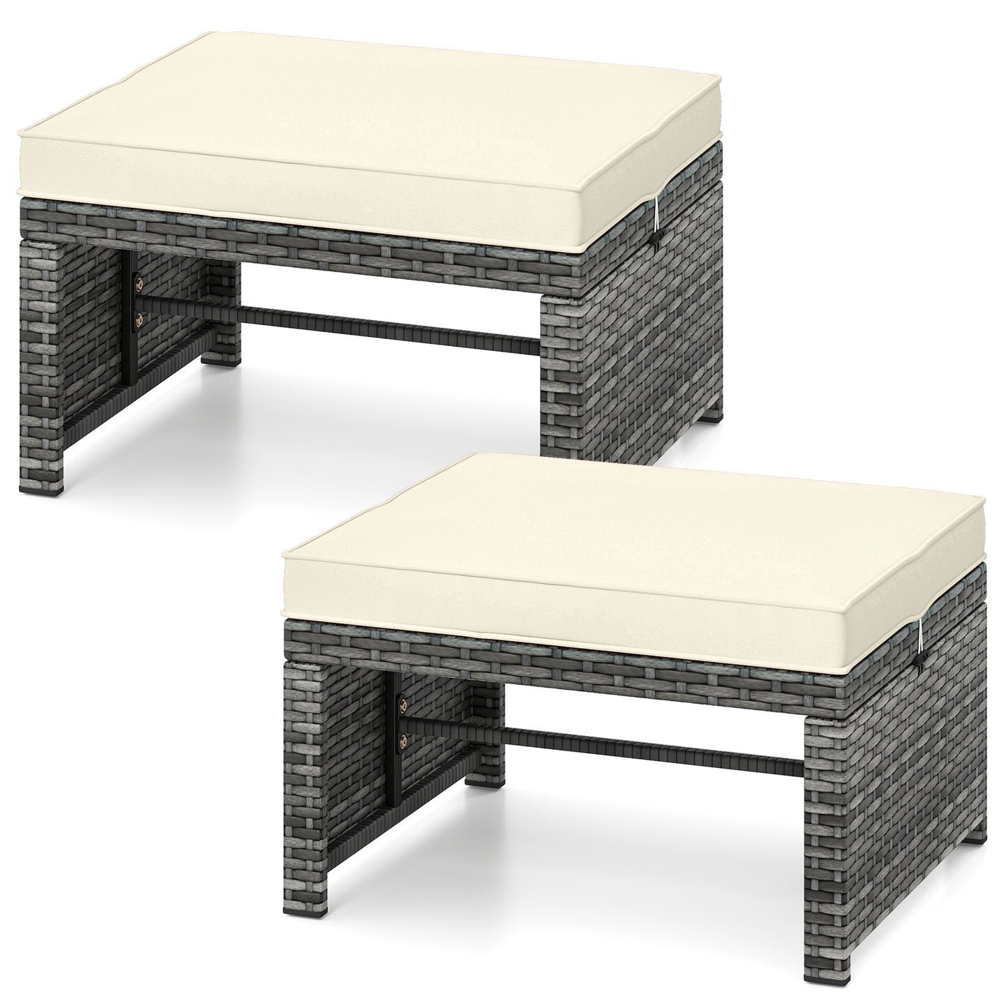 2 Pieces Patio PE Rattan Ottomans with Soft Zippered Cushions for Deck-Black