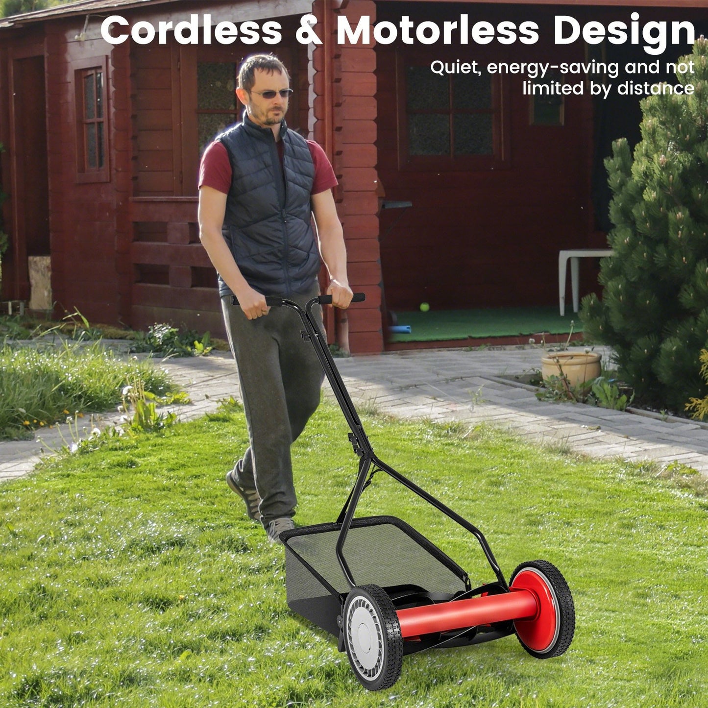 14 Inch Push Lawn Mower with 5 Steel Blades and Grass Catcher Bag-Green