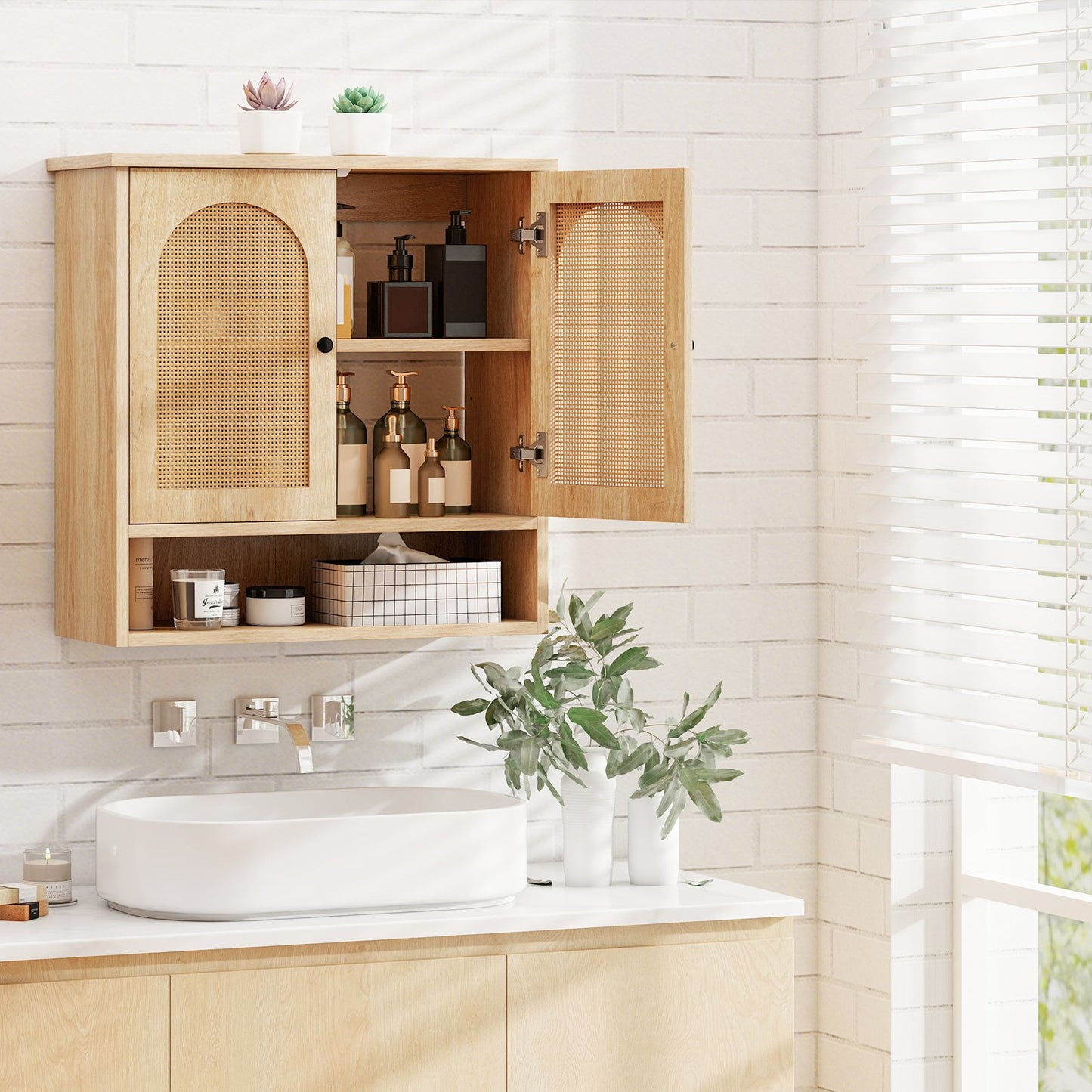 Bathroom Wall Cabinet with PE Rattan Doors and Adjustable Shelves-Natural