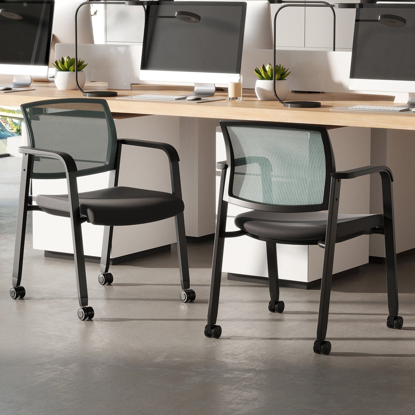 Set of 2 Stackable Rolling Office Chairs with Mesh Backrest-Black