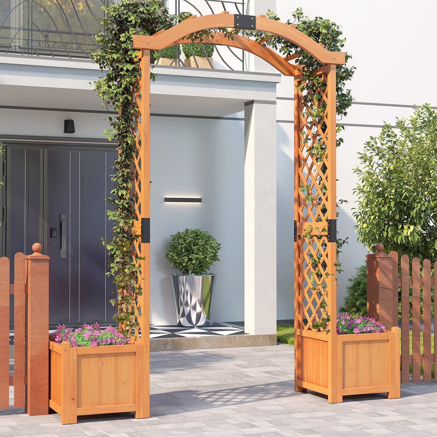 Wooden Garden Arbor with Planter and Trellis for Climbing Plants Decorations-Orange