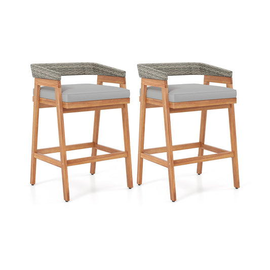 Set of 2 Patio Acacia Wood Counter Height Bar Stools with Cushions and PE Wicker Backrests Footrests-Gray