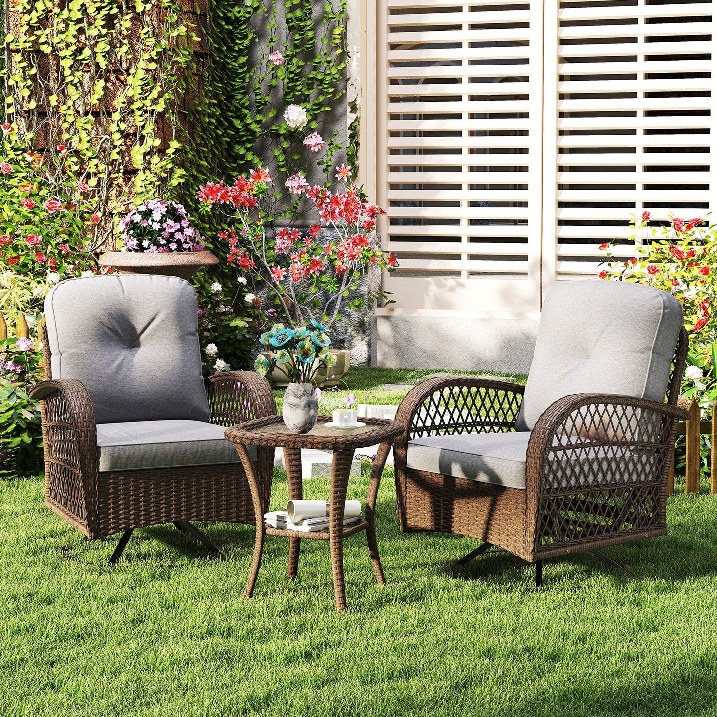 3 Piece Patio Swivel Rocker Set with Tempered Glass Side Table and Thick Cushions-Black