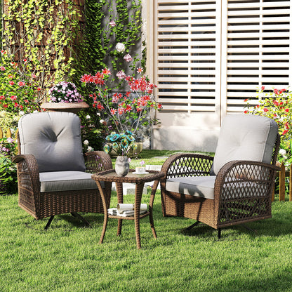 3 Piece Patio Swivel Rocker Set with Tempered Glass Side Table and Thick Cushions-Black